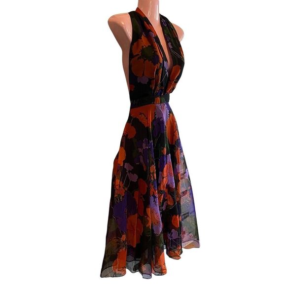 Floral Halter Dress Womens Small Black Orange Purple Plunge Neck Party Cocktail - Picture 2 of 4